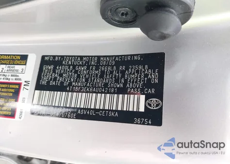 2010 Toyota Camry Se/Le/Xle z USA, uszkodzony, nr VIN 4T1BF3EK6AU042181